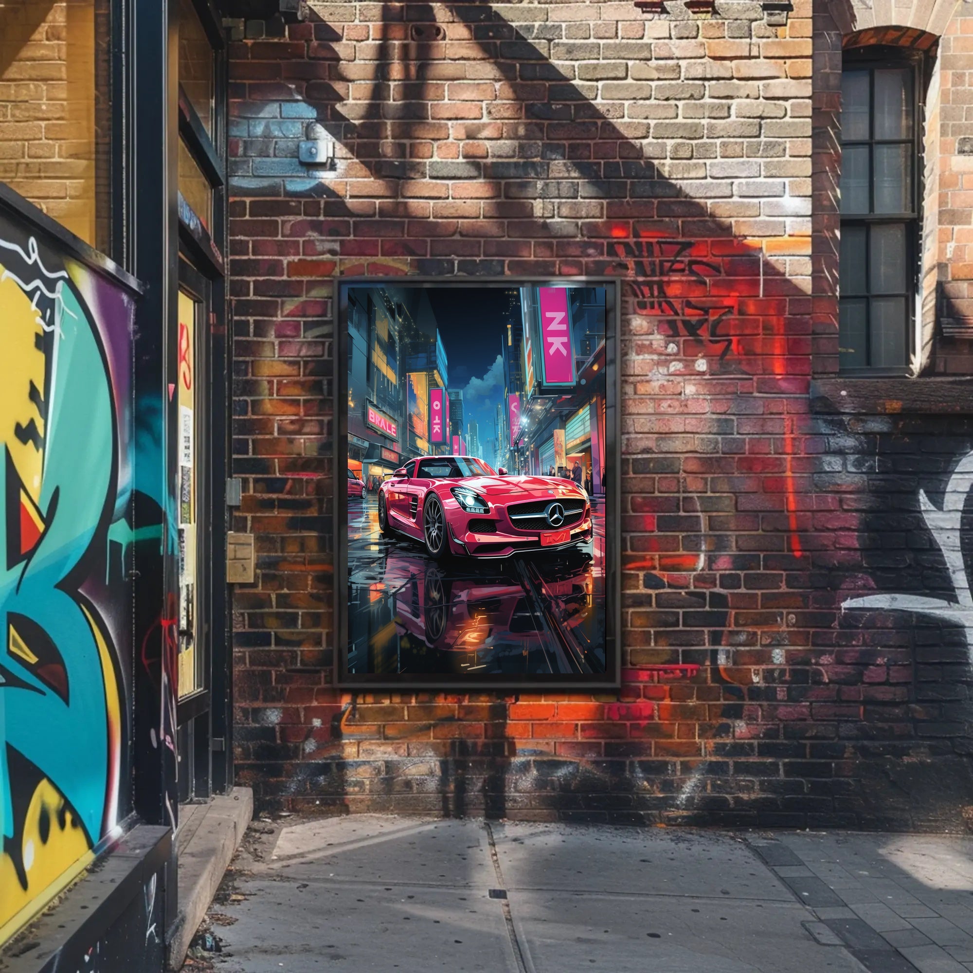 Futuristic Cityscape Sports Car Neon Lights Poster