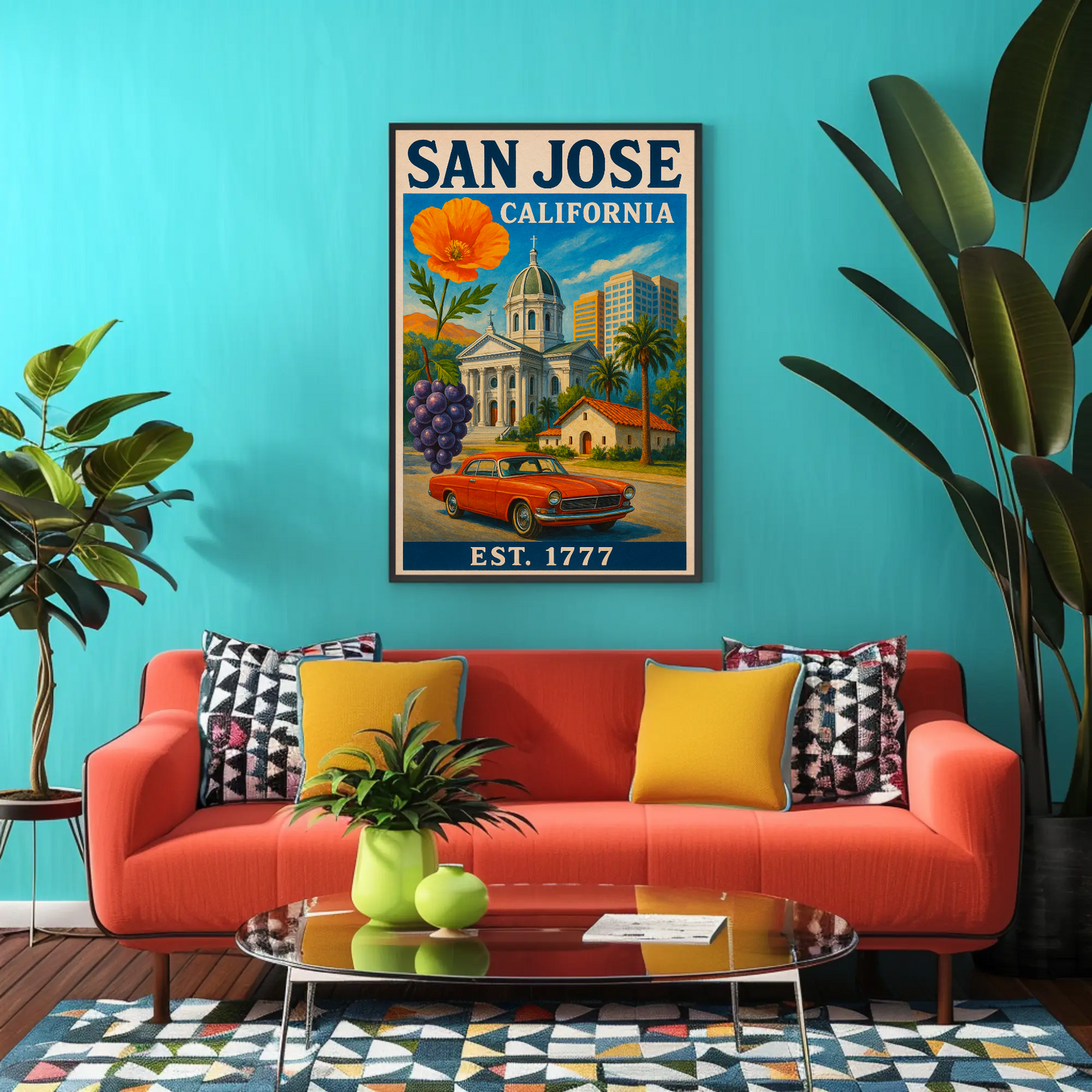 San Jose California Church Grapes Car Vintage Travel Poster