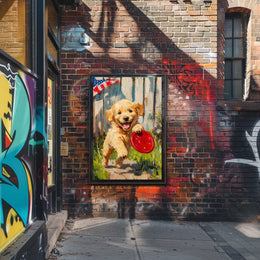 Golden Retriever Puppy Running With Red Frisbee Poster