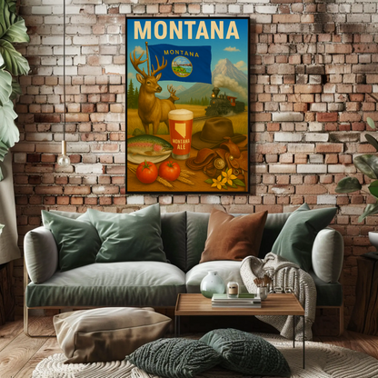 Montana Ale Elk Train Tomato Trout Hat Travel Poster