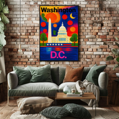 Washington DC Capitol Monument Colorful Night Travel Poster
