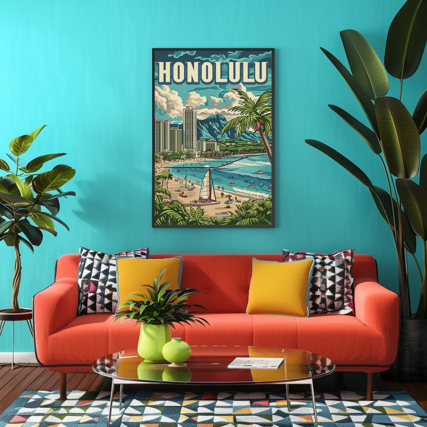 Honolulu Vintage Poster Sailing and Skyscrapers