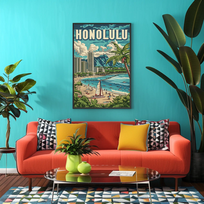 Honolulu Vintage Poster Sailing and Skyscrapers