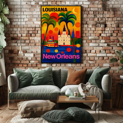 New Orleans Louisiana Steamboat Cathedral Cityscape Travel Poster
