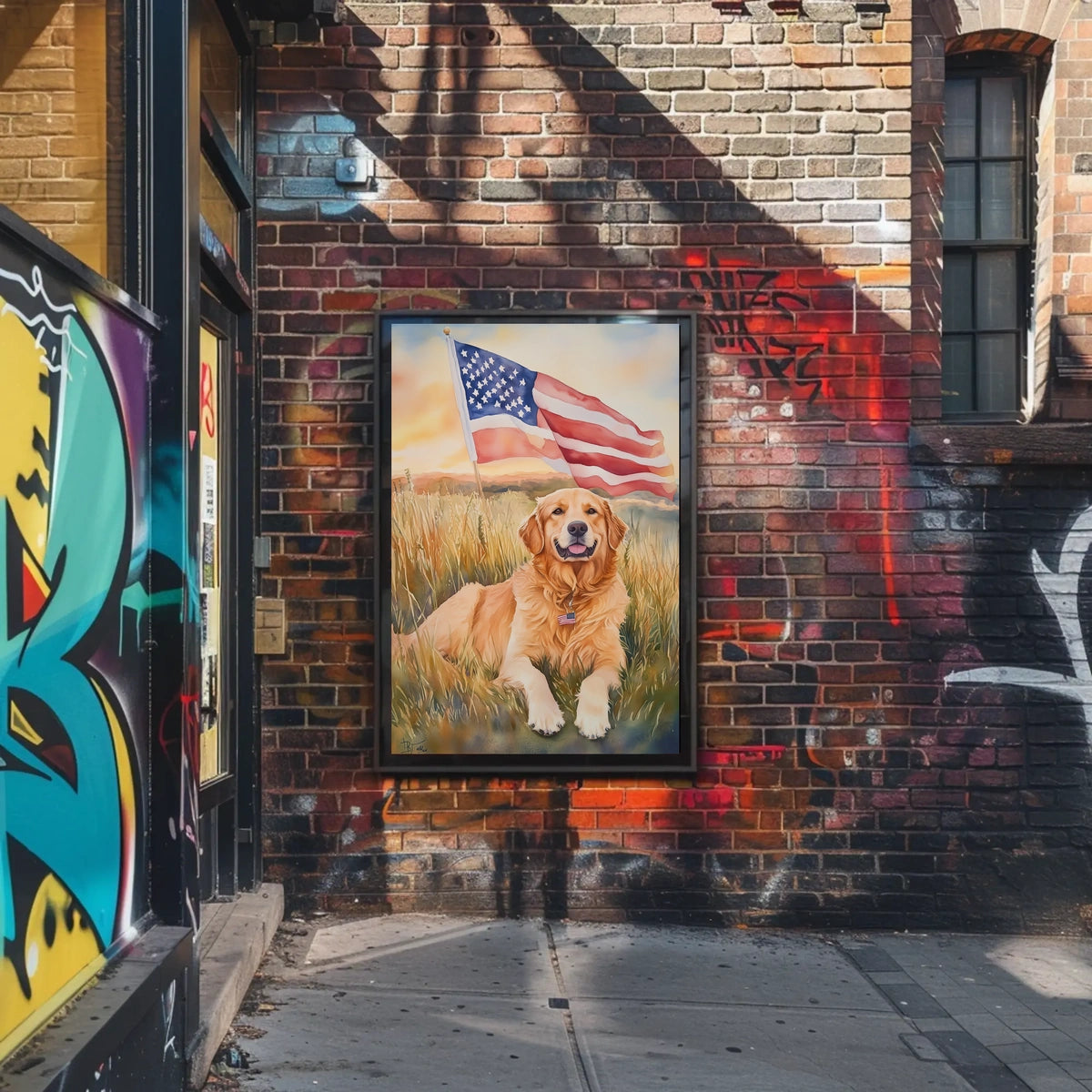 Golden Retriever Lying In Sunset Field Portrait Poster