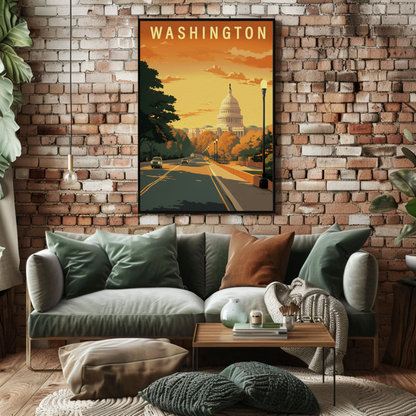Washington USA Capitol Building Autumn Street Travel Poster