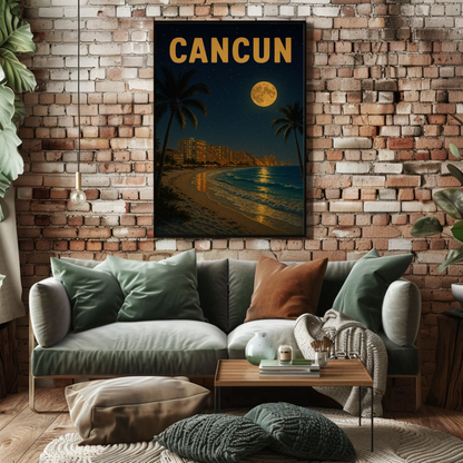 Cancun Beachfront Skyline Moonlight Travel Poster