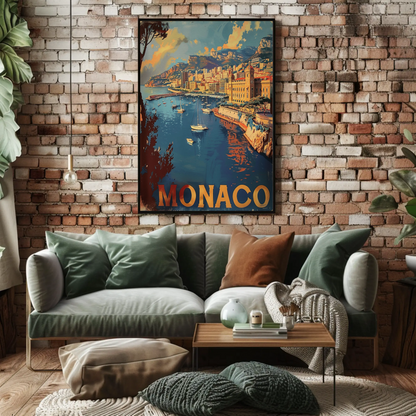 Monaco Mediterranean Coast Harbor Scene Retro Travel Poster