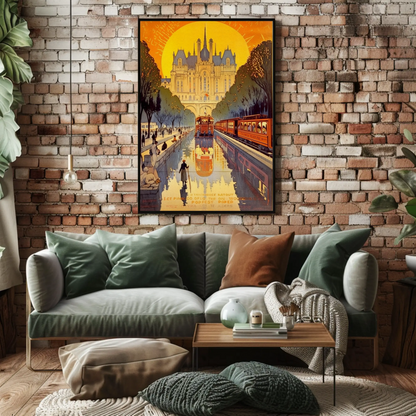 Paris Tram Canal Castle Sunset Travel Poster