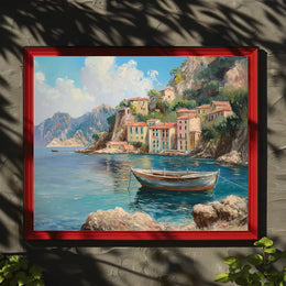 The poster showcases a scenic coastal village, likely inspired by the Mediterranean region, Travel Poster