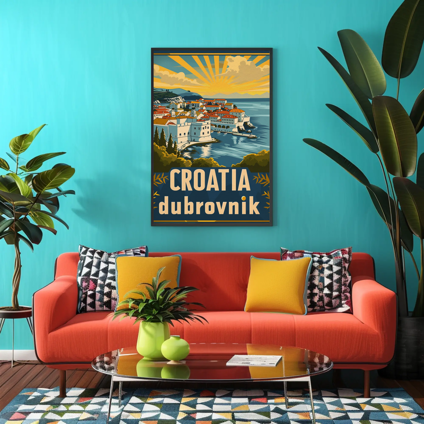 Croatia Dubrovnik Sunset Coastline Vintage Travel Poster