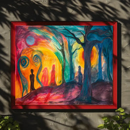 The poster is an abstract, surrealistic artwork with a vibrant and emotive theme. Travel Poster