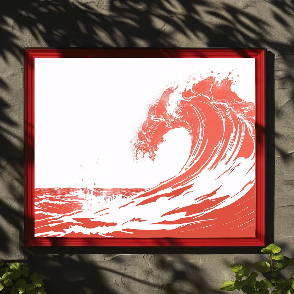 Bold Minimalist Wave Art Poster in Coral Red