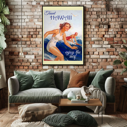 Hawaii Vintage Women Surfing Ocean Retro Travel Poster