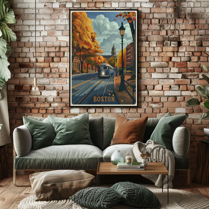 Boston Autumn Streetcar Leaves Trees Travel Poster