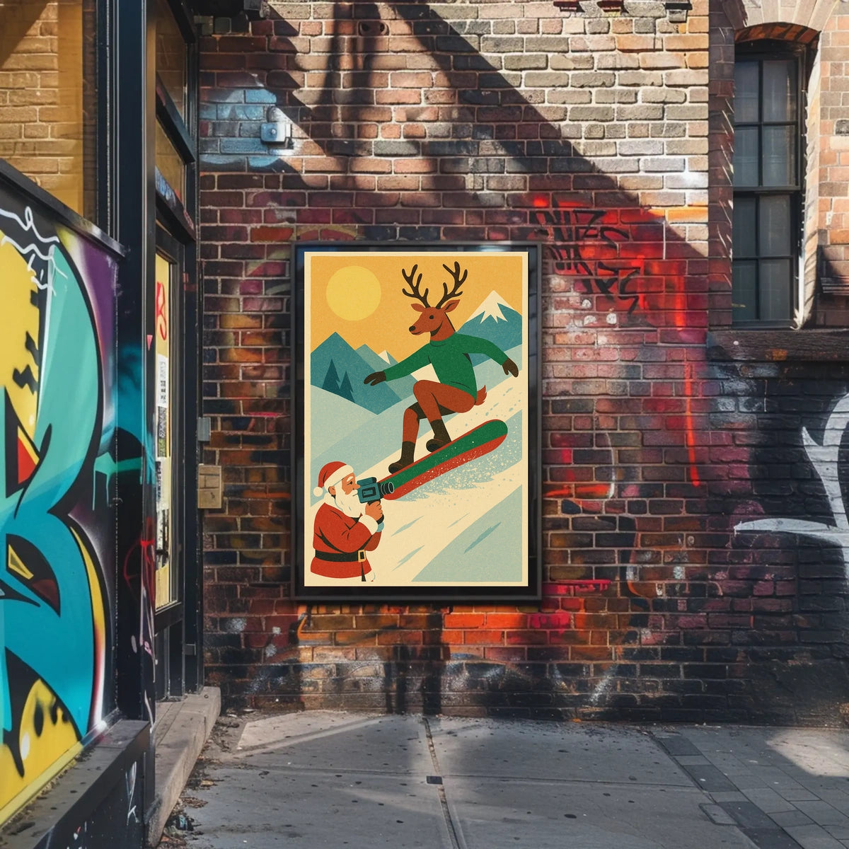 Reindeer Snowboarding Vintage Winter Adventure Poster