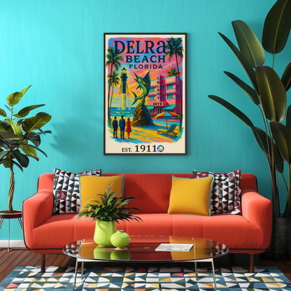 Delray Beach Hotel Lighthouse Fish Palms Vintage Travel Poster Wall Art