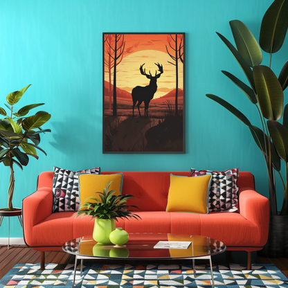 Sunset Forest Silhouette Deer Landscape Vintage Travel Poster