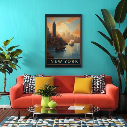 New York Harbor Sunset Vintage Travel Poster