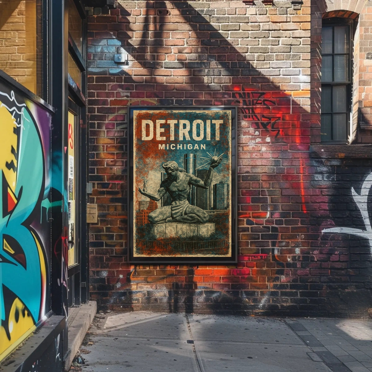 Spirit Detroit Cityscape Vintage Travel Poster