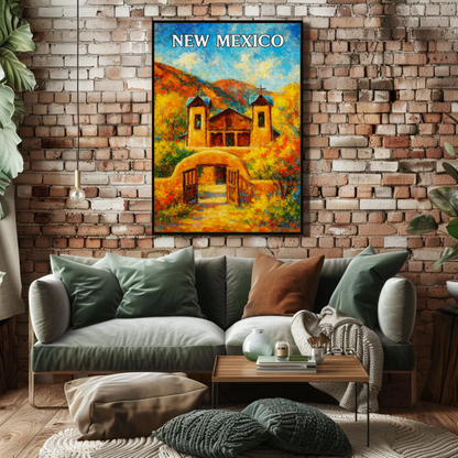 New Mexico Historic Adobe Church Autumn Colors Travel Poster