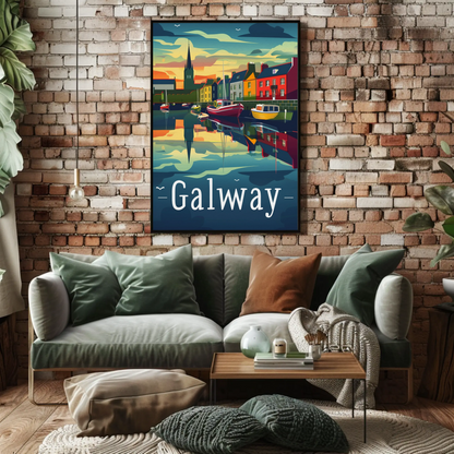 Evening Harbor Scene Galway Ireland Travel Poster
