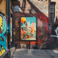 Retro-Modern Urban Scene: Coastal City Artistic Poster
