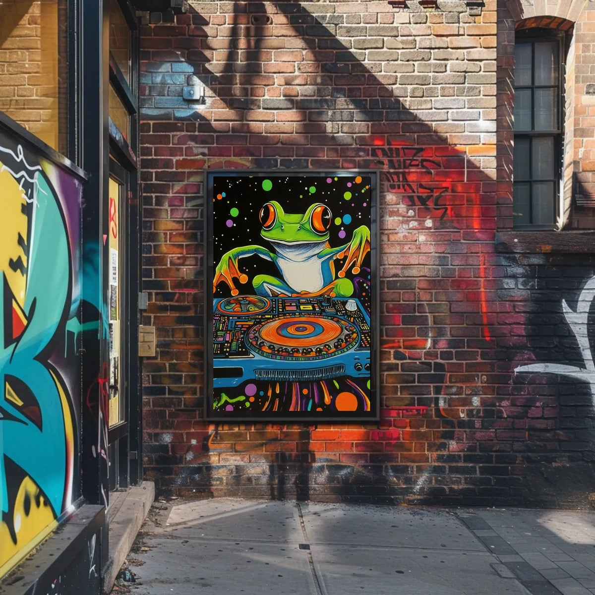 The poster is a vibrant and psychedelic illustration featuring a large, cartoonish frog Travel Poster