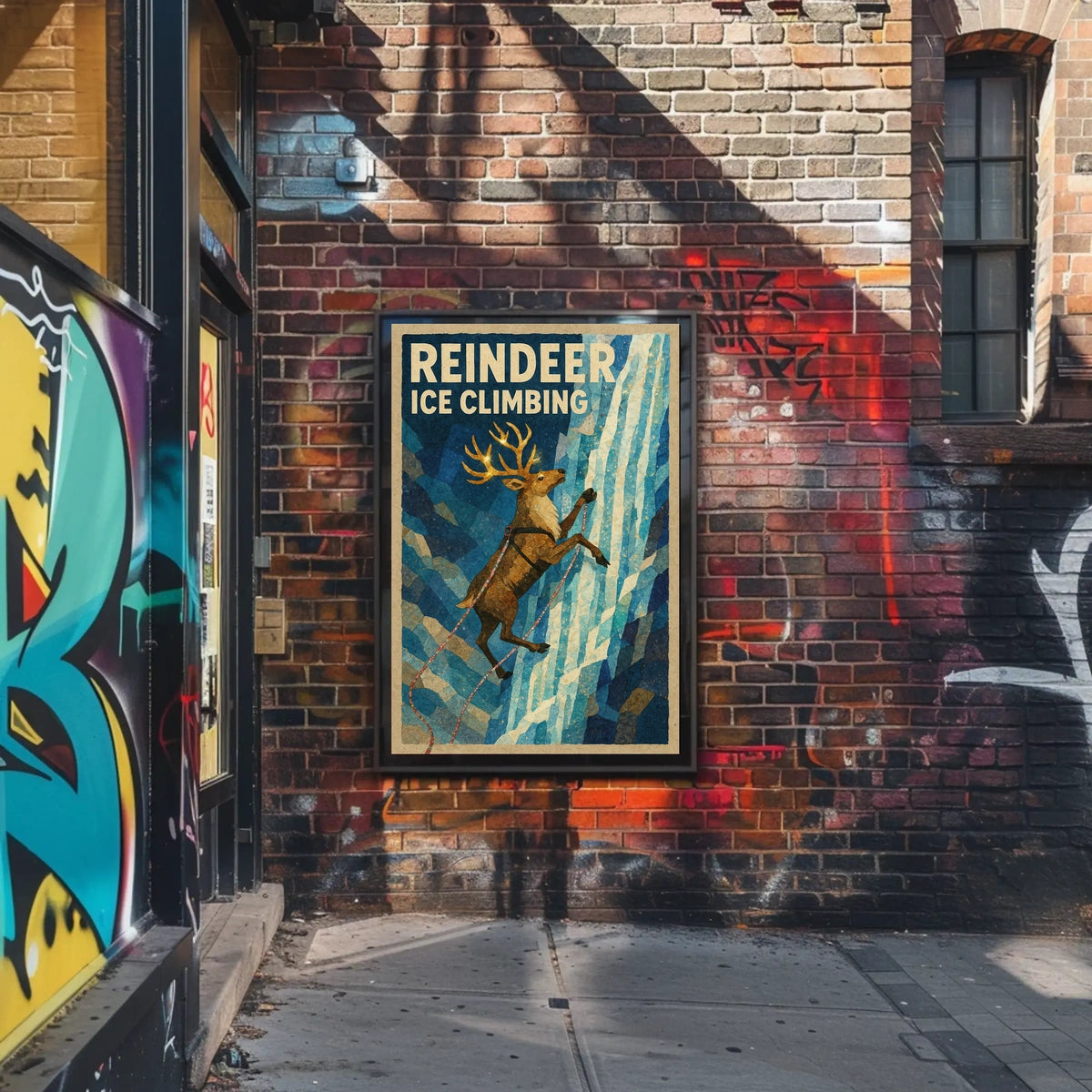 Reindeer Ice Climbing Vintage Animal Art Poster