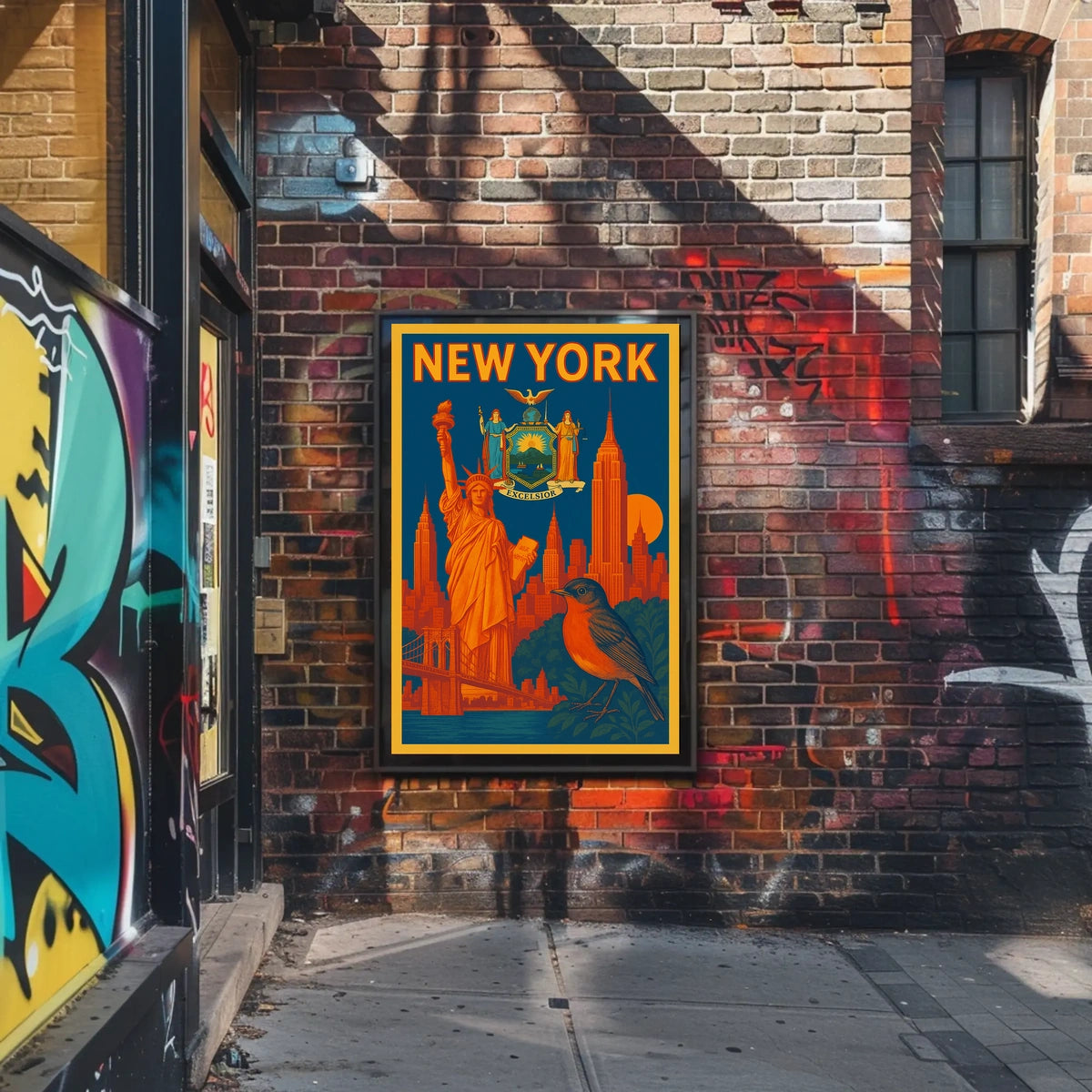 New York Poster Vintage Statue Skyline Bridge Wall Art