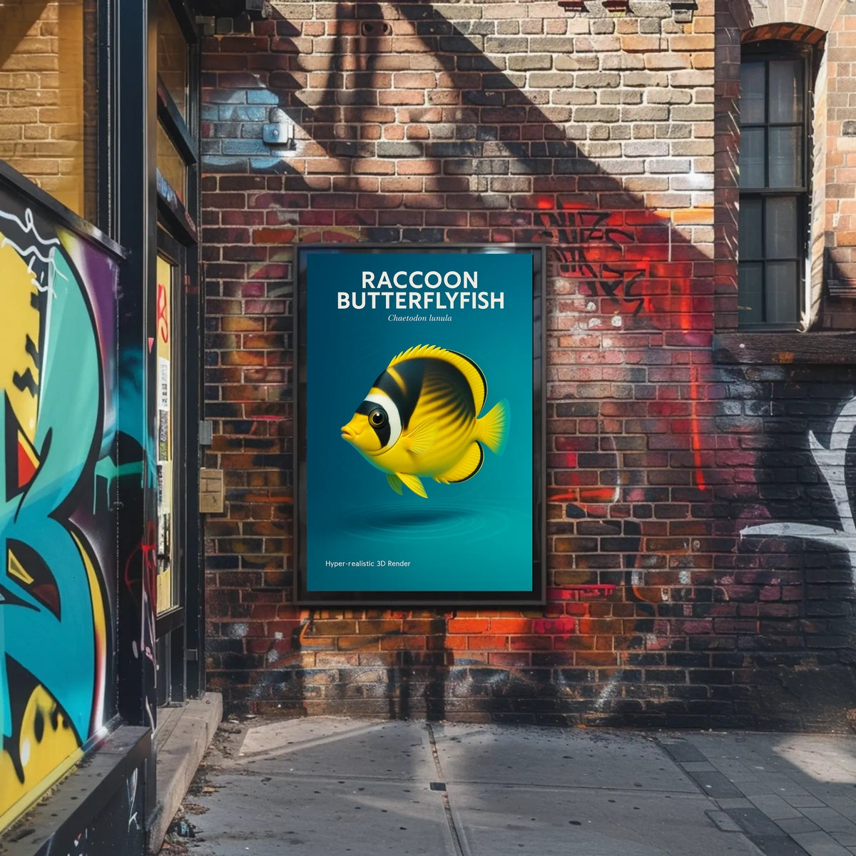 Raccoon Butterflyfish Hyper-realistic 3D Render Poster