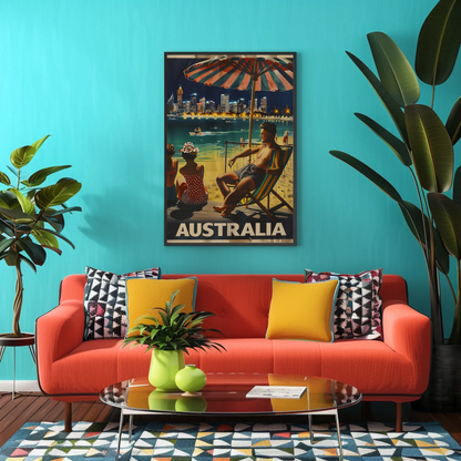 Australia Beach City Night Relaxing Scene Vintage Travel Poster