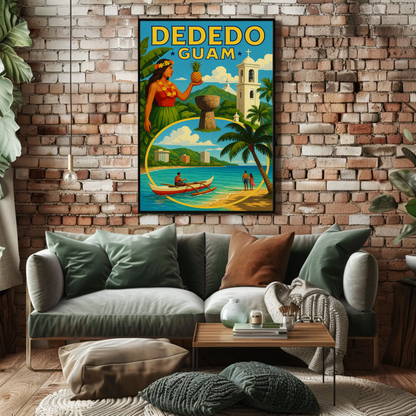 Dededo Guam Island Culture Mountains Canoe Travel Poster