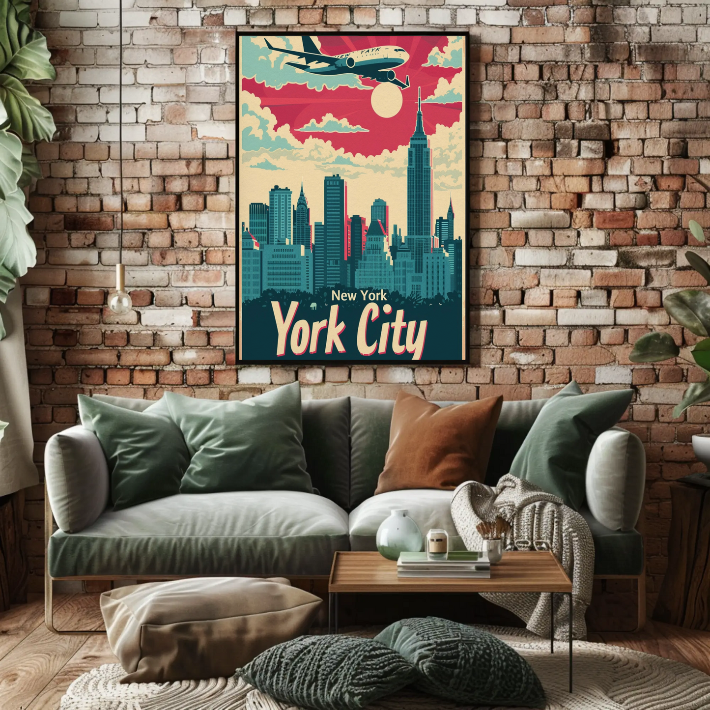New York City Airplane Skyline Red Sky Travel Poster