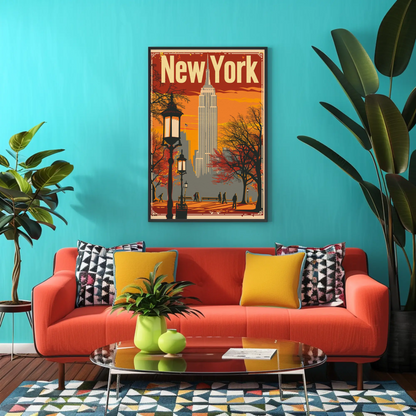 New York Orange Sky Autumn Cityscape Vintage Travel Poster