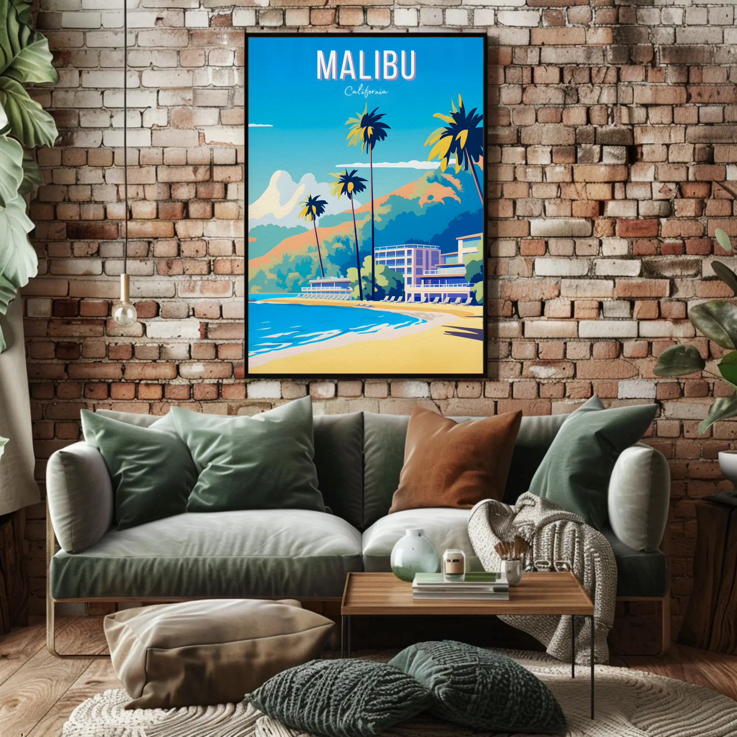 Malibu California Palm Trees Beach Hotel Hills Travel Poster