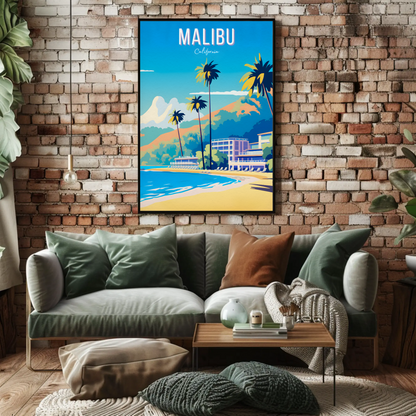 Malibu California Palm Trees Beach Hotel Hills Travel Poster
