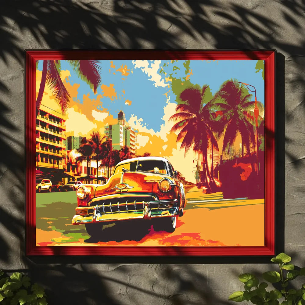 Vintage Car Tropical Cityscape Pop-Art Poster