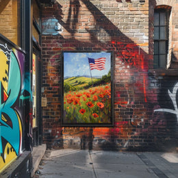 peaceful field of poppies with one large American flag Poster