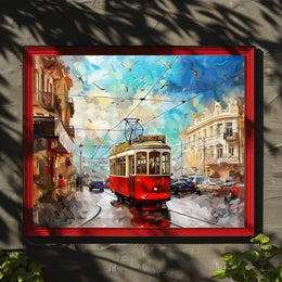 Vintage Tram Cityscape: Modern Impressionist Art Poster