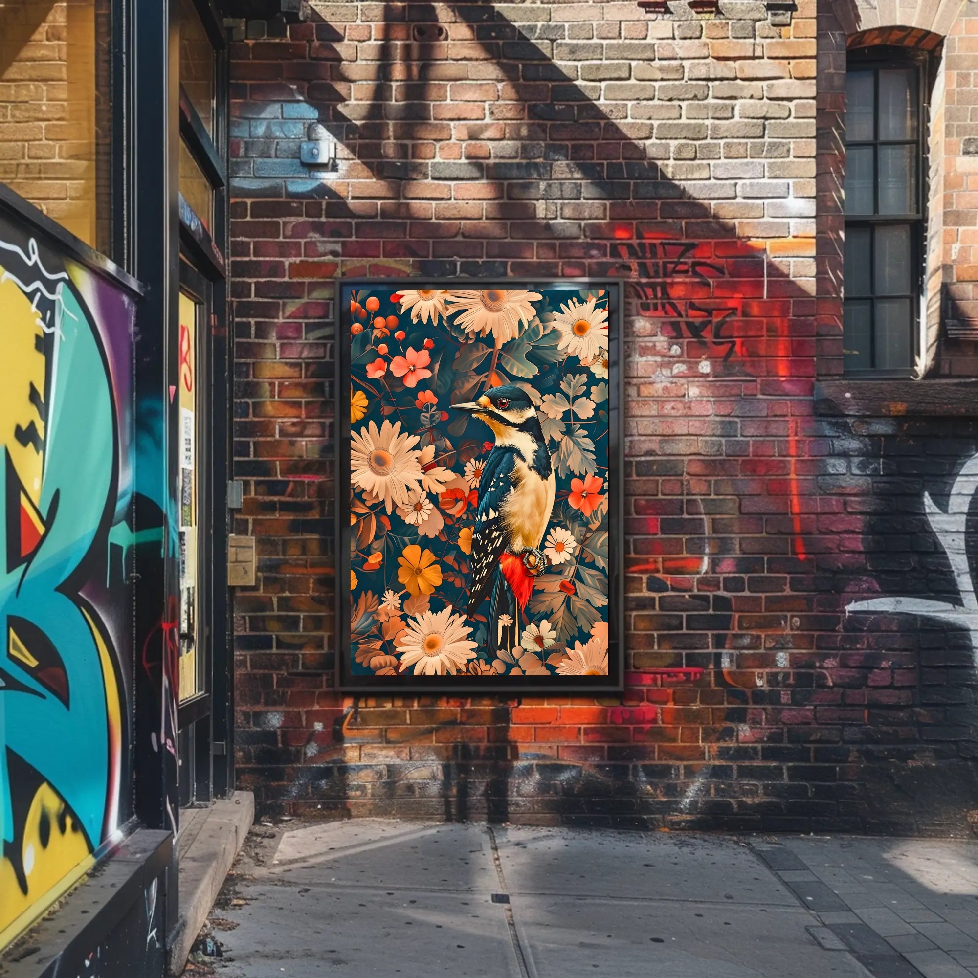Vibrant Woodpecker Floral Paradise Poster