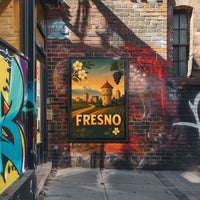 Fresno Vintage Travel Art Poster with Sunset Scenery