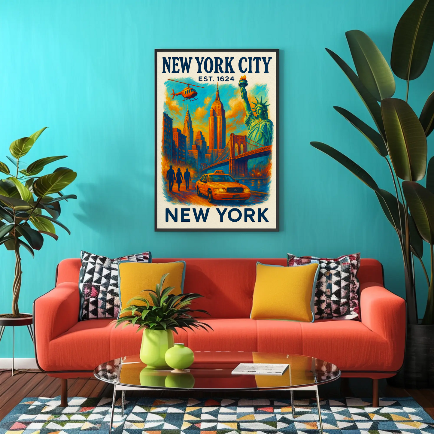 New York City Skyline Taxi Liberty Vintage Travel Poster
