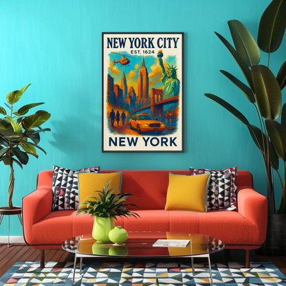 New York City Skyline Taxi Liberty Vintage Travel Poster