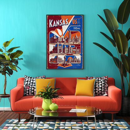 Kansas USA 1950s Grand Structures Vintage Maroon Travel Poster