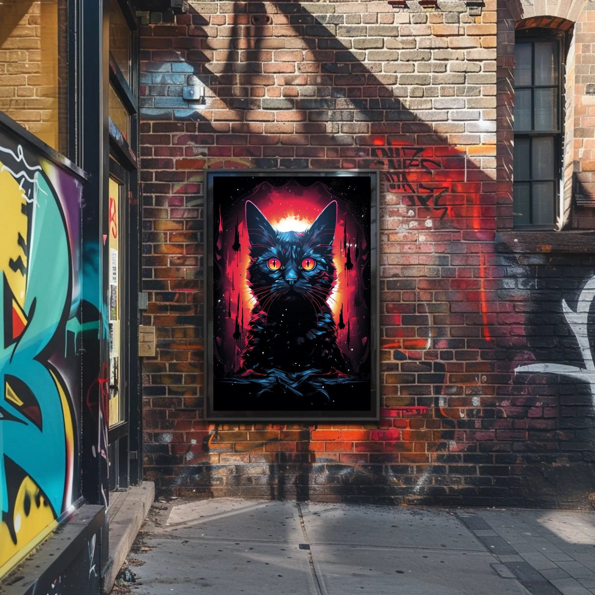 Fiery-Eyed Cosmic Cat Surreal Art Poster