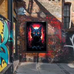 Fiery-Eyed Cosmic Cat Surreal Art Poster