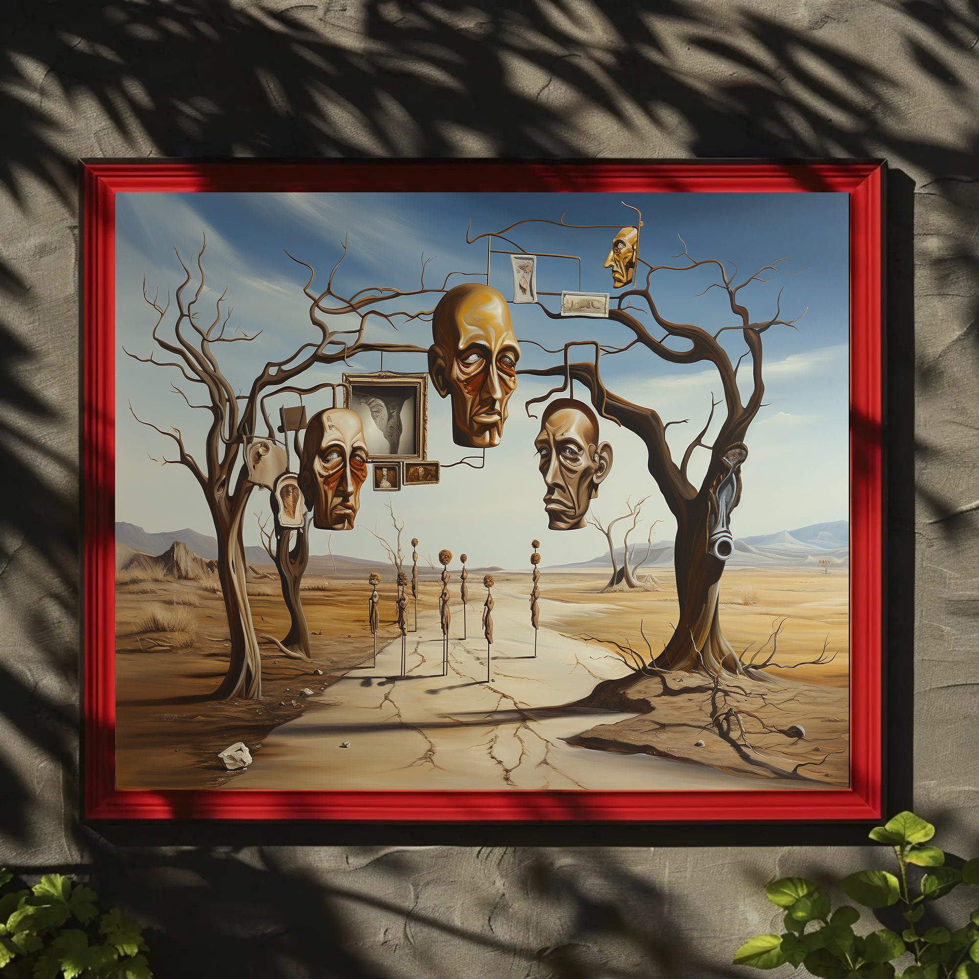 Surreal Desertscape with Floating Bronze Heads Artistic Poster