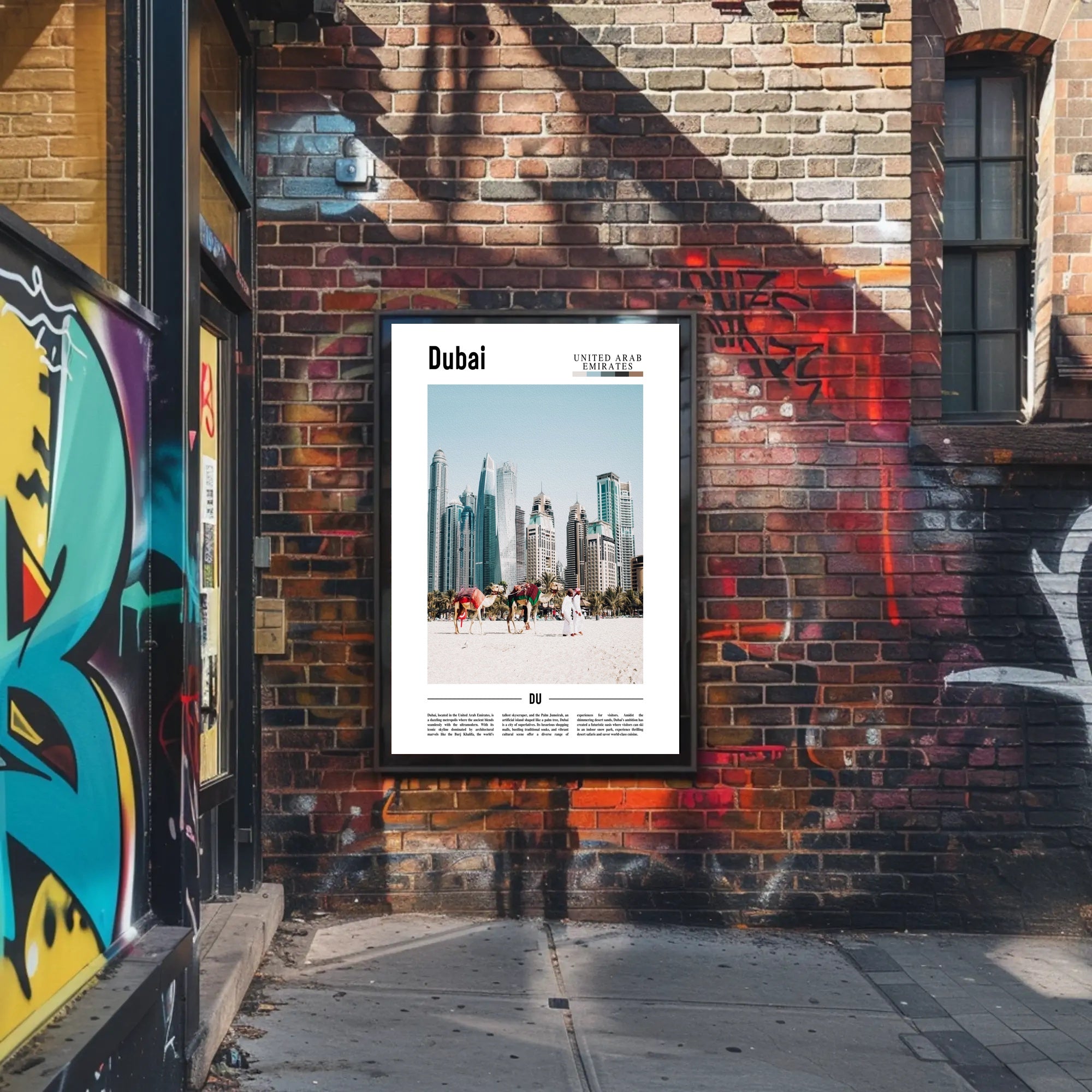 Dubai Skyline and Camels Travel Poster PosterGoat
