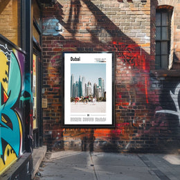 Dubai Skyline and Camels Travel Poster PosterGoat